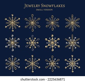 Conjunto de pequeños y lujosos copos de nieve hechos de oro de joyería, cadenas de plata y relucientes cuentas de bolas. Elegante ilustración de joyería para ventas de invierno, navidad, vacaciones de año nuevo, decoración de regalo.