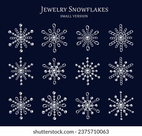 Set of small fancy snowflakes made of jewelry chains and ball beads. Elegant monochrome illustration for winter sales, christmas, new year holiday, gift decoration.