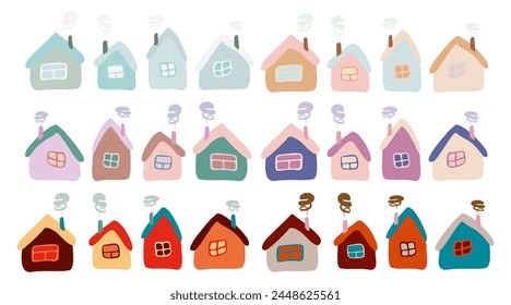 Set von Kleinen flachen Cartoon-Häuser. Isolierte Vektorgrafik Kollektion. Nette helle Kinder Illustration mit Crooked Homes. Handgezeichnete Elemente mit Dach, Fenster, Farbfassade und Smoke vom Schornstein.