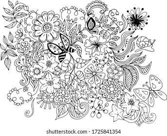 
set with small flowers butterflies leaves doodle vector sketch hand-drawn line graphics on a white background stylization abstraction