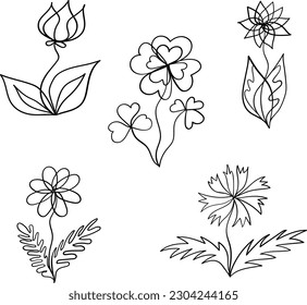 Montaje de flores pequeñas dibujadas en una línea. Gráficos a mano. Ilustración vectorial.