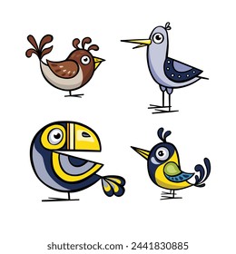 set of small funny birds, conures, parrots cartoon, vector illustration drawn by hand