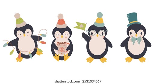 Conjunto de Pequeños pingüinos divertidos con accesorios celebrando Navidades