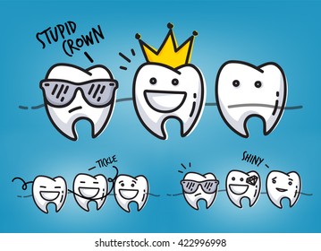 Set of small funny teeth characters scenes, drawing on light blue background. 