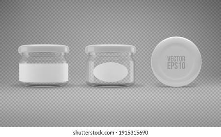 Set of small glass jam jar with a lid. A transparent jar with a white lid and labels. Realistic 3D illustration. Vector