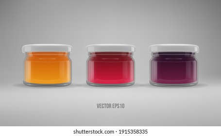 Set of small glass jam jar. Realistic 3D illustration. Vector