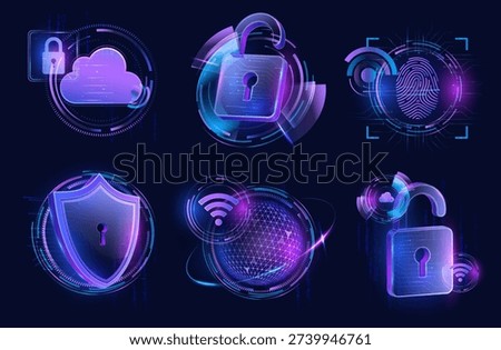 Set of small glowing security icons including shield lock cloud wifi globe and fingerprint gradient 3D illustration