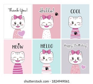 Set of small greeting postcards with cute kittens. Cartoon kawaii funny cat character. Flat design. Pastel colors.
