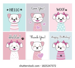 Set of small greeting postcards with cute puppies. Cartoon kawaii funny dog character. Flat design. Pastel colors.