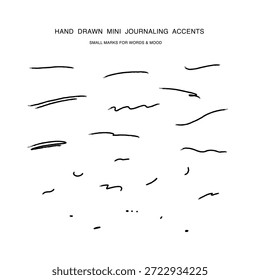 Set von kleinen handgezeichneten Tintenakzentzeichen und Mini-Linien für Journale, Notizen, Planer, Stimmungsnachverfolgung und subtile dekorative Highlights in minimalistischen Layouts.