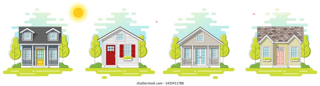 Set of small houses and beautiful rural landscape day scene background in flat line art style , vector , illustration