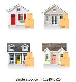 Set of small houses and cardboard boxes isolated on white background , vector , illustration