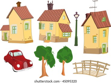 Set of small houses, trees the car and the bridge
