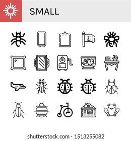 Set of small icons such as Mirror, Ant, Flag pole, Bumblebee, Sharpener, Fish tank, Coffee table, Small plane, Beetle, Ladybug, Woodlouse, Tricycle, Izba, Frog , small