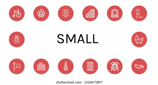 Set of small icons. Such as Tricycle, Beetle, Louse, Wall, Mirror, Meerkat, Flag pole, Izba, Weeder, Toothpick, Small plane, Stroller , small icons