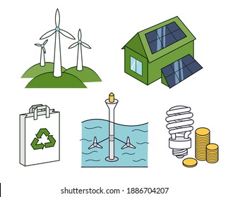 A set of small illustrations on the topic of energy saving and alternative energy sources. Colored isolated vector images. 