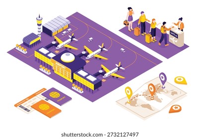Conjunto de pequenas cenas isométricas mostrando elementos do aeroporto como mapas de bagagem de aviões e ilustrações isométricas de passageiros