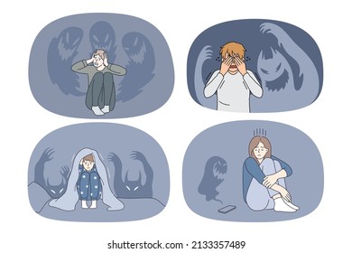 Set of small kids feel scared terrified of monsters. Collection of people paralyzed with fear struggle with panic attack or anxiety. Mental or psychological problems. Vector illustration. 