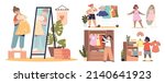 Set of small kids girls dressing up. Little children choosing, trying and buying new clothes, festive dresses and outfits. Kids fashion concept. Cartoon flat vector illustration