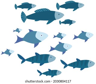 Set of small and large blue marine fish swim on white background. Cartoon nautical characters live in ocean. Wild nature of aquatic environment. Underwater animal life, fingerling, school of sea fish