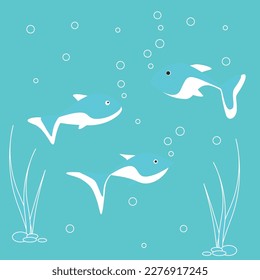 Set of small and large blue marine fish swim on blue background. Cartoon nautical characters live in ocean. Wild nature of aquatic environment. Underwater animal life, fingerling, school of sea fish
