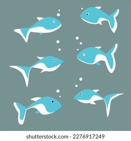 Set of small and large blue marine fish swim on blue background. Cartoon nautical characters live in ocean. Wild nature of aquatic environment. Underwater animal life, fingerling, school of sea fish