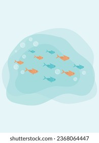 Un conjunto de pequeños y grandes peces azules y anaranjados nadan por encima del mar, frente al océano. Vida silvestre del medio acuático. Vida submarina de animales, frejoles, escuelas de peces marinos. Ilustración del vector