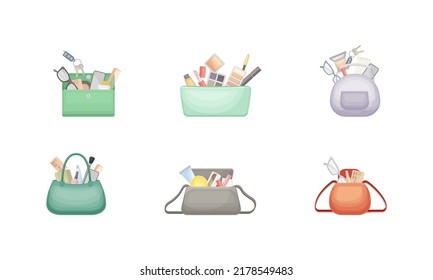 Set of small leather bags full of belongings and makeup products vector illustration