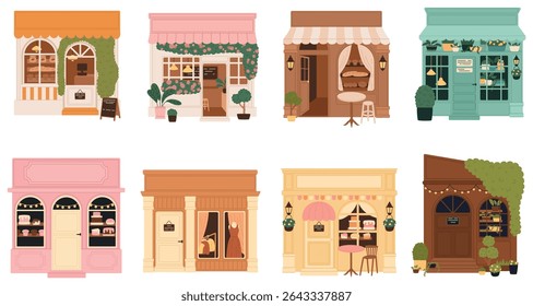 Set of small local shops. Small family business. Cafe, flower shop, bakery, clothing store. Flat vector illustration.