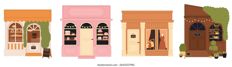 Set of small local shops. Small family business. Cafe, flower shop, bakery. Flat vector illustration.