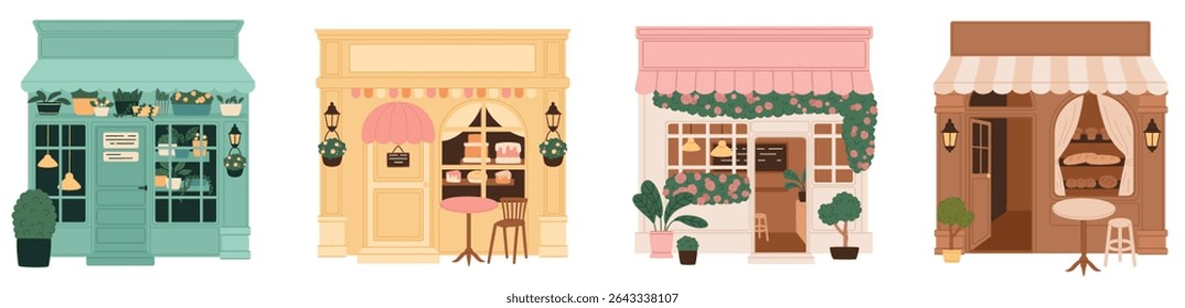 Set of small local shops. Small family business. Cafe, flower shop, clothing store. Flat vector illustration.