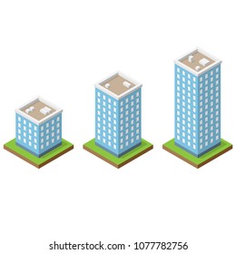 Set Of Small, Medium And Big Isometric Buildings Isolated On White Background