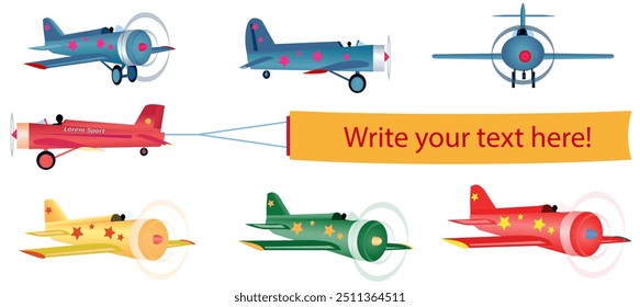 Conjunto de aviões pequenos, multicoloridos, com hélices de diferentes ângulos em estilo realista. Ilustração vetorial isolada em branco.