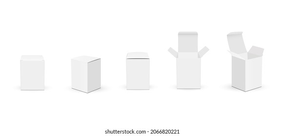 Set of Small Paper Rectangular Packing Boxes with Opened and Closed Lid, Isolated on White Background. Vector Illustration