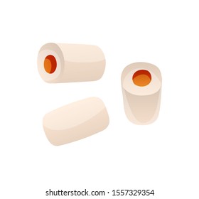 Set of small pastel cylindrical candies with orange filling, different view point, cartoon style. Vector isolated objects on white background