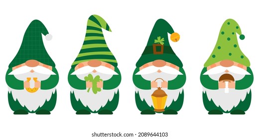 A set of small paunchy dwarfs in green caps who hold clover, horseshoe, lantern, mushroom in hands. Little bearded forest gnomes, cute cartoon characters. Color vector illustration isolated on white