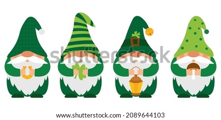 A set of small paunchy dwarfs in green caps who hold clover, horseshoe, lantern, mushroom in hands. Little bearded forest gnomes, cute cartoon characters. Color vector illustration isolated on white