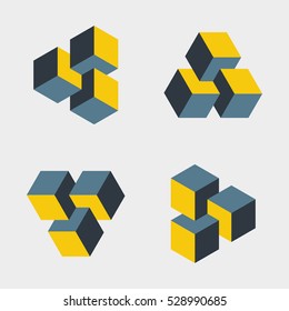 Set of small penrose triangles constructed of three blocks. Isometric 3d design. Mathematical object with mental trick. Optical illusion of brain. Symbol with three-dimensional effect. Imp art.