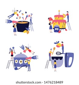 Set of small people cooking giant cake and in huge utensil flat cartoon style, vector illustration isolated on white background. Little men and women preparing oversize food, teamwork concept