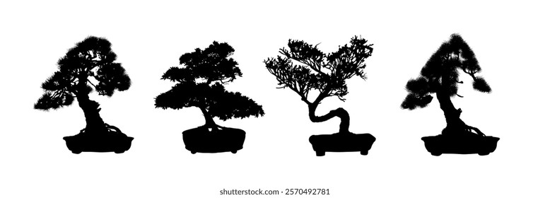  Set of small pine tree silhouettes, silhouette of a bonsai tree in a pot - vector illustration