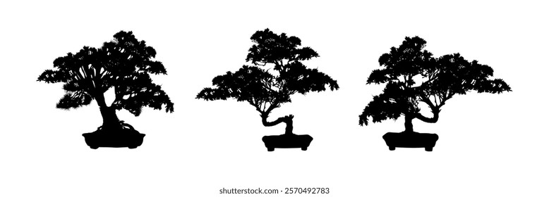  Set of small pine tree silhouettes, silhouette of a bonsai tree in a pot - vector illustration