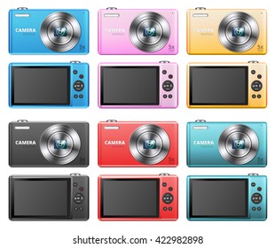 Set of small point and shoot digital cameras different colors. Vector illustration