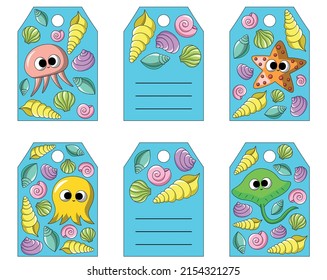 Set with small postcards in form tags. Theme cute cartoon underwater world.