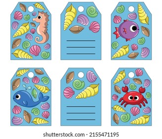 Set with small postcards in form tags. Theme cute cartoon underwater world.
