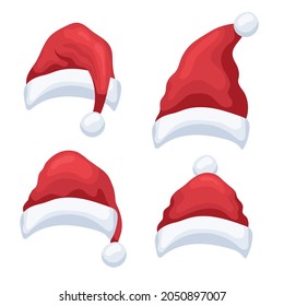 Set of small red Christmas hats on white background.