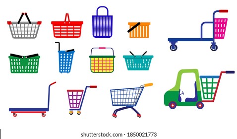 set of small shopping basket or wire shopping basket or metal container shopping basket. eps 10 vector
