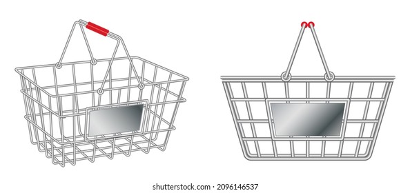 conjunto de cesta de compras pequeña o cesta de compras de alambre o cesta de compras de contenedores de metal. vector de pasos 