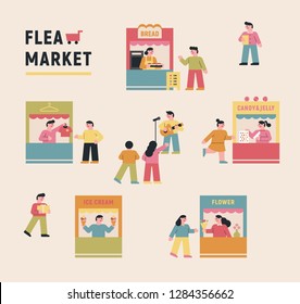 A set of small shops and guests in Flim Market. flat design vector graphic style concept illustration. 