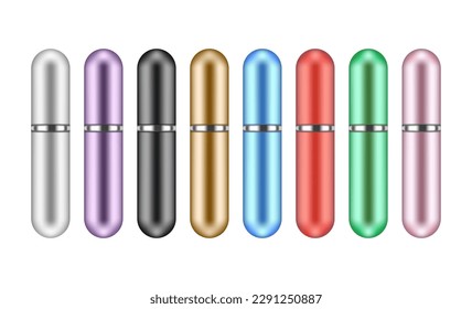 Conjunto de botellas pequeñas de perfume de viaje plateado, aisladas en fondo blanco. Ilustración vectorial