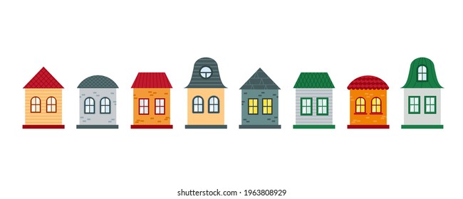 A set of small simple houses, standing in a line, front view.  flat vector illustration